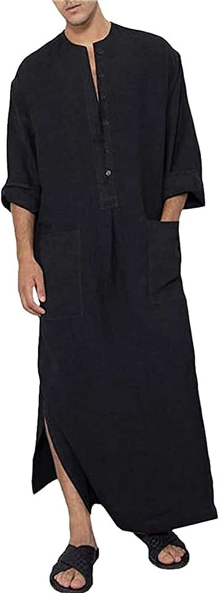 Kaftan voor heren, V-hals, lange mouwen, knopen, thobe met hoge knoopsluiting en zijsplit, katoen, met zakken