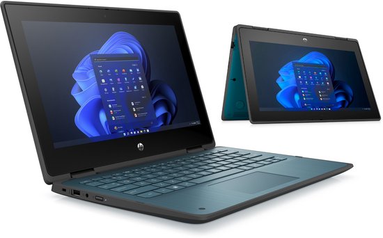 Een turkooizen HP ProBook x360 laptop, deels in een andere opstelling op de achtergrond.