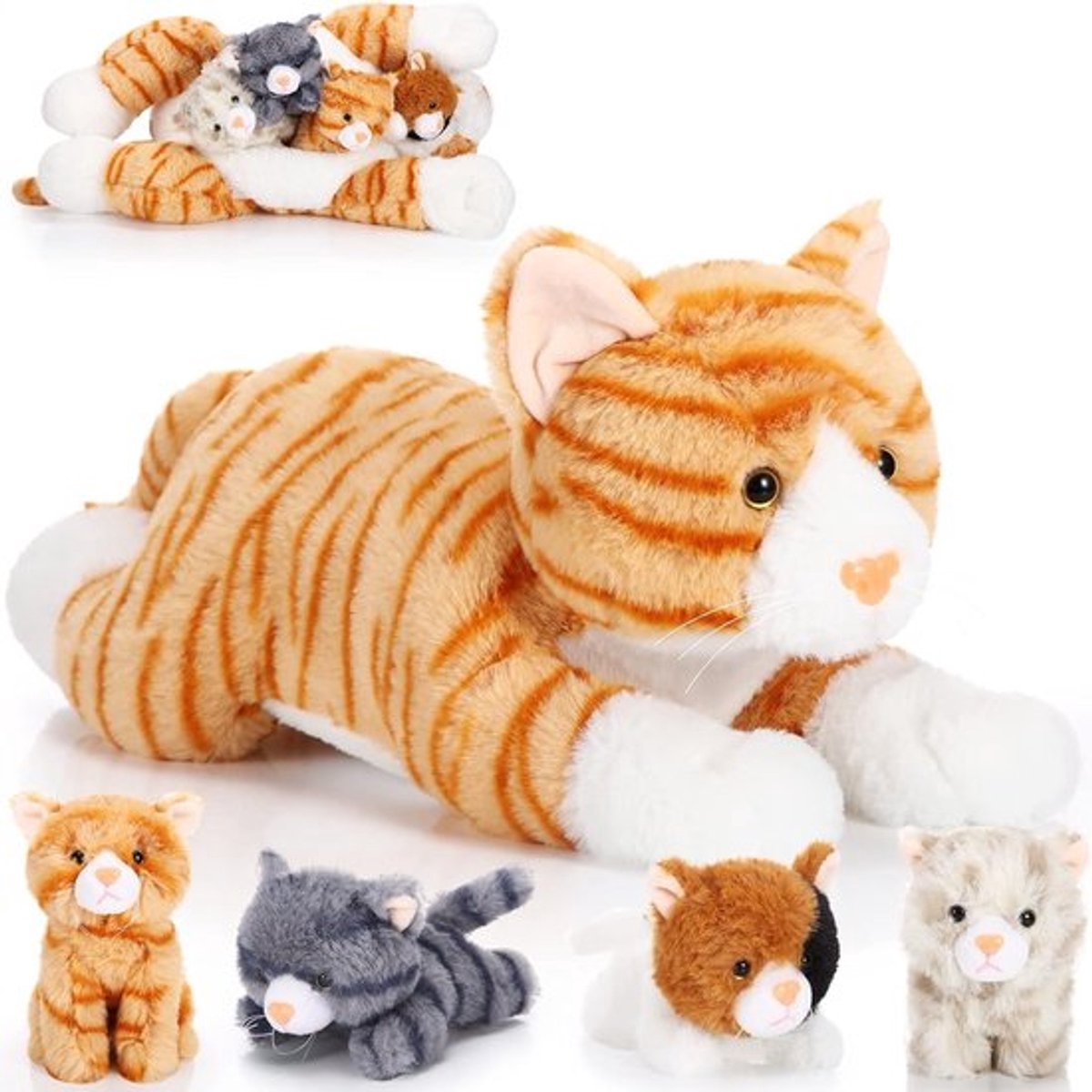 5-delige Grote Pluche Kat Set met 4 Zachte Kittens en Fluffy Moeder, Schattig Cadeau voor Verjaardag en Dierenliefhebbers