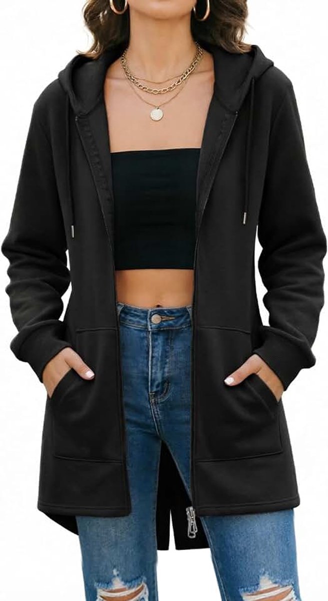 Jas met capuchon voor dames, oversized met ritssluiting, warme winterjas, mantel, lange mouwen, cardigan met capuchon, gebreide jas met zakken