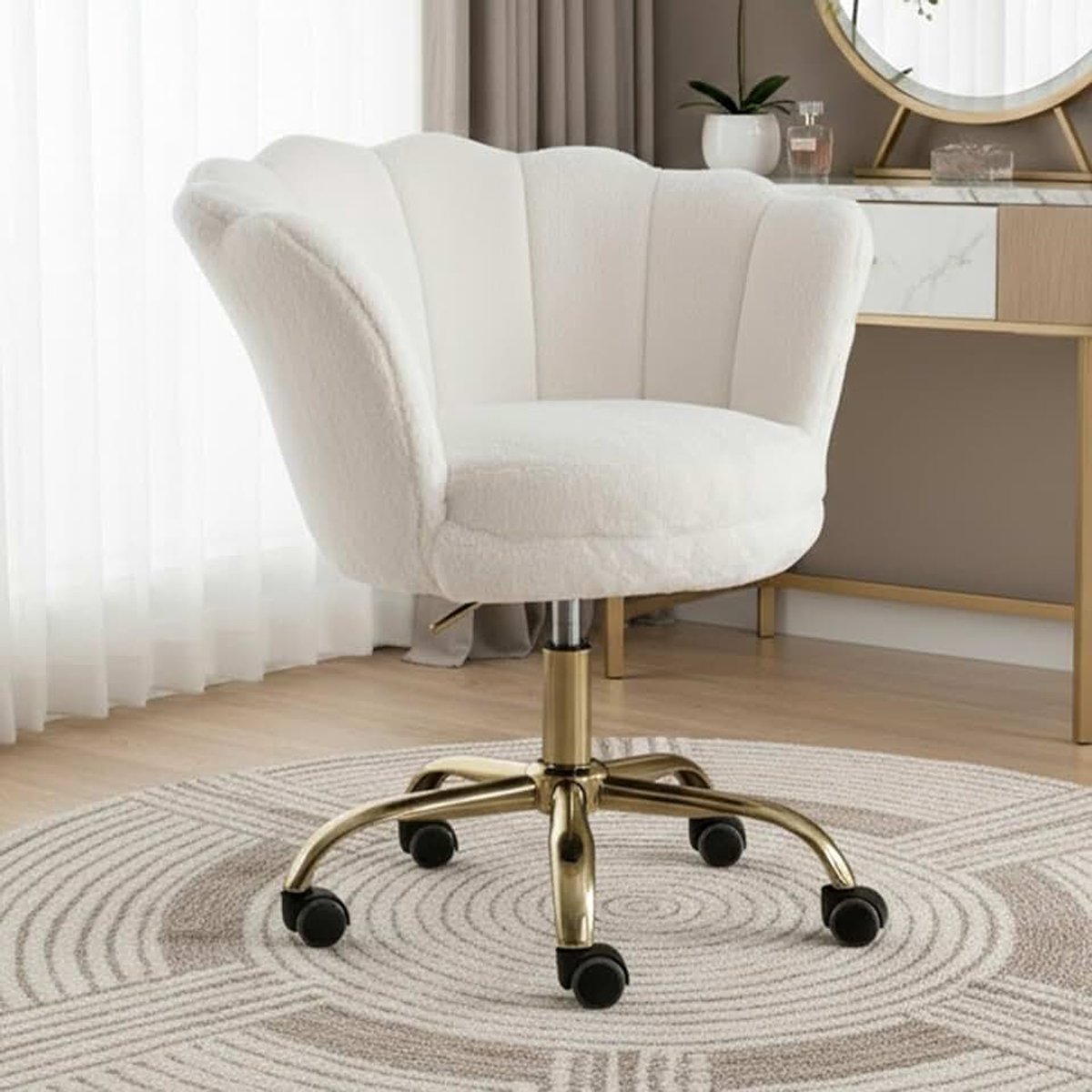 Chairus Moderne fluwelen bureaustoel met gouden poten, make-upstoelen, draaibaar, in hoogte verstelbaar, voor slaapkamer, make-uptafel, wit