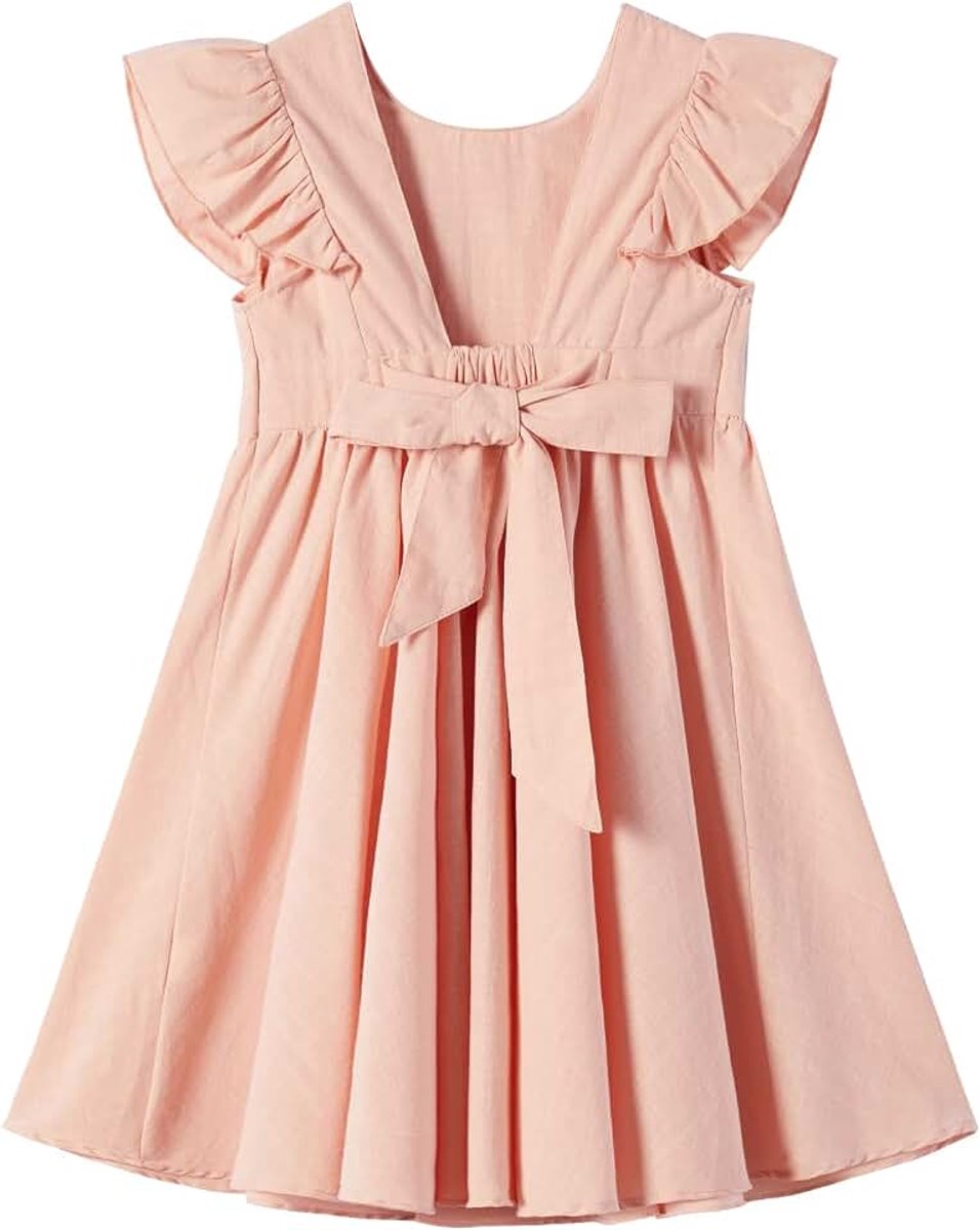 Baby Meisjes Flutter Mouw Katoen-Linnen Jurk Elastische Taille Boog Kinderen Casual Jurken