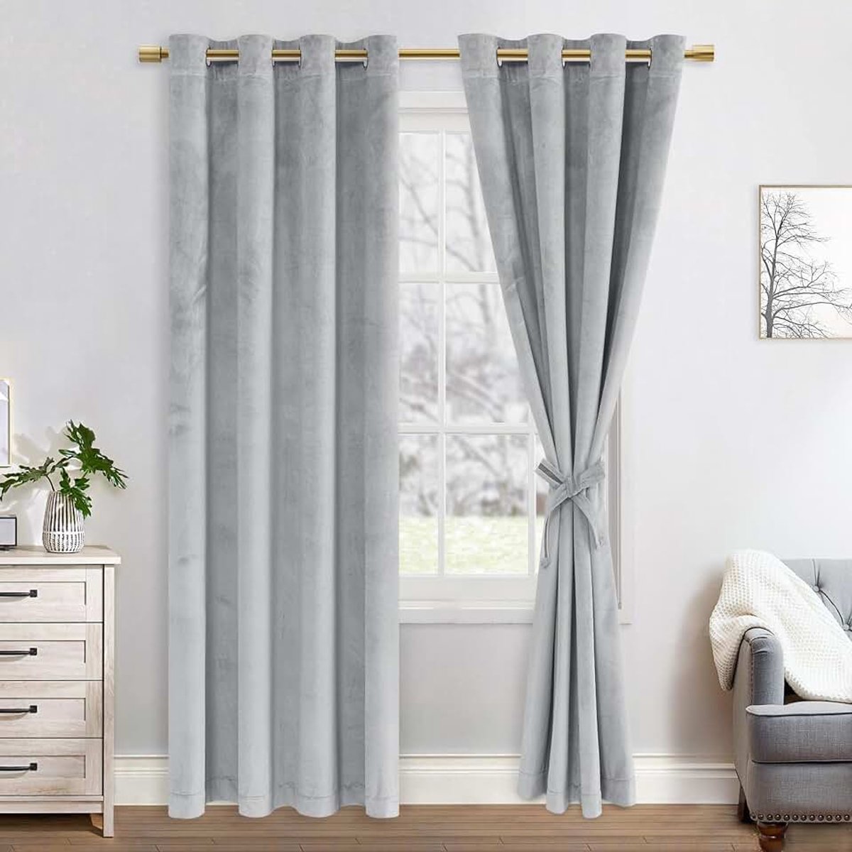 Verduisteringsgordijnen van fluweel, set van 2 zachte ondoorzichtige gordijnen met oogjes voor de slaapkamer, 140x225cm (breedte x hoogte), zilver grijs