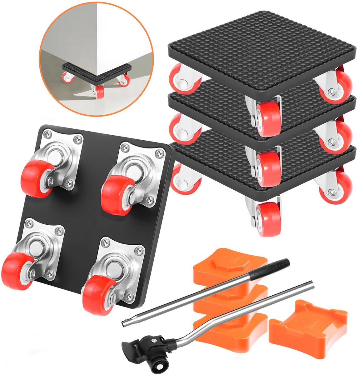 Velori Meubeltransportset - Meubellifter - Meubeltransportrollen - 360° Zwenkwielen - Meubelverplaatser - Verhuishulp - Draagvermogen 200 kg - 9 Delige Set