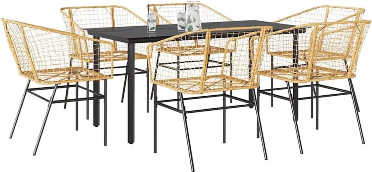 7-delige tuin-eetkamerset, bruin polyrotan glas, zitgroep, outdoor tuinmeubelset voor terras, balkon, restaurant