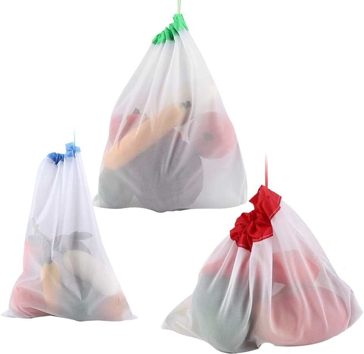12 stuks herbruikbaar met trekkoord, van netstof, voor groente en fruit, bagage, boodschappentas met tarragewicht op speelgoed