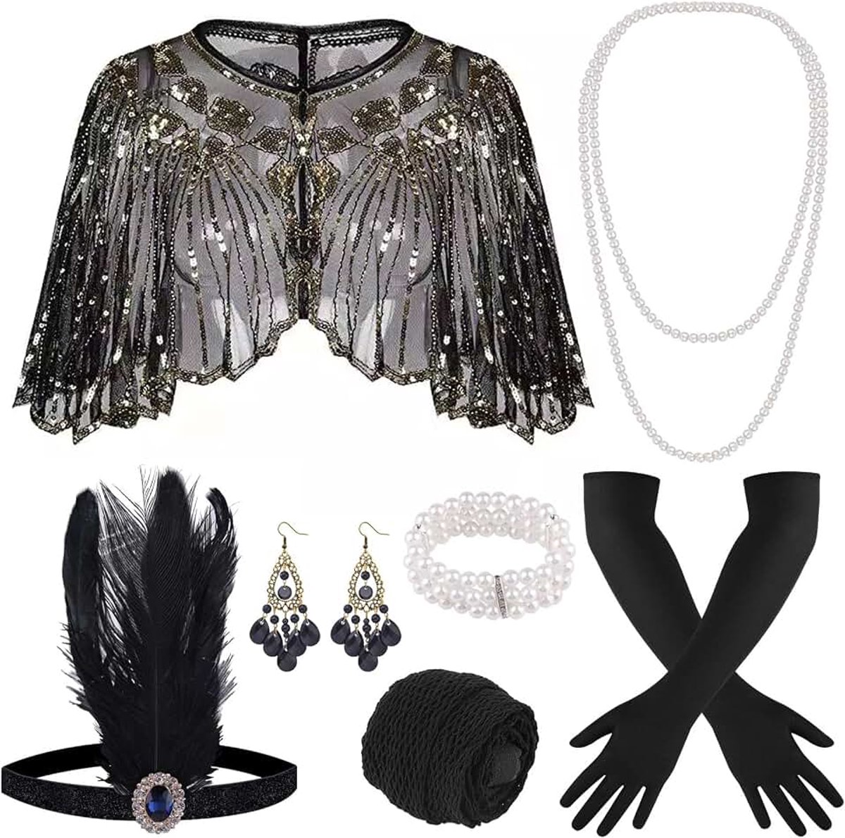 10-delige jaren 1920 Flapper Great Gatsby accessoireset mode roaring jaren 20 thema set met hoofdband, hoofddeksels, lange zwarte handschoenen, ketting kostuum vintage accessoires dames