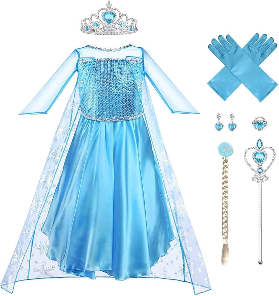 Prinsessenjurk Elsa-jurk, prinsessenjurk, kostuum met diadeem en toverstaf voor prinsessenkostuum, Kerstmis, Halloween, verkleedpartij