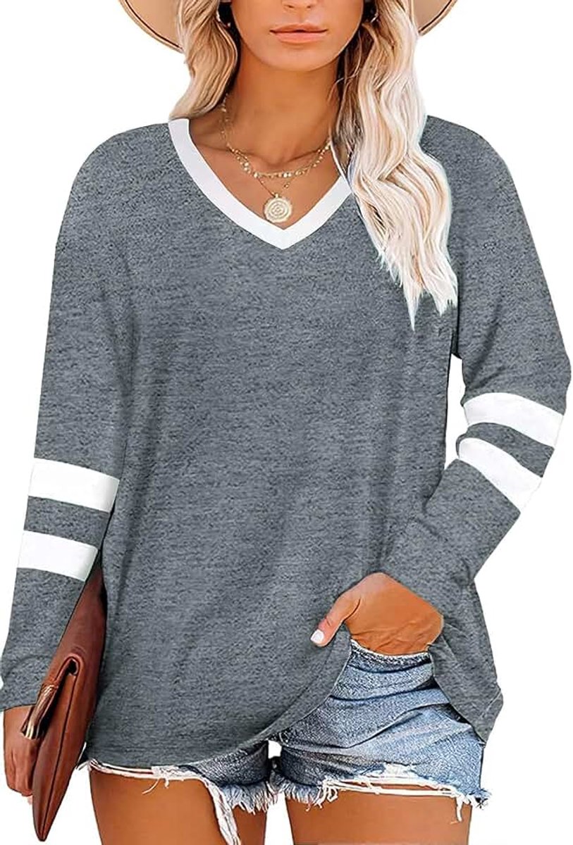 Dames grote maten tops gestreept kleurblok lange mouwen V-hals T-shirt casual losse fit tuniek