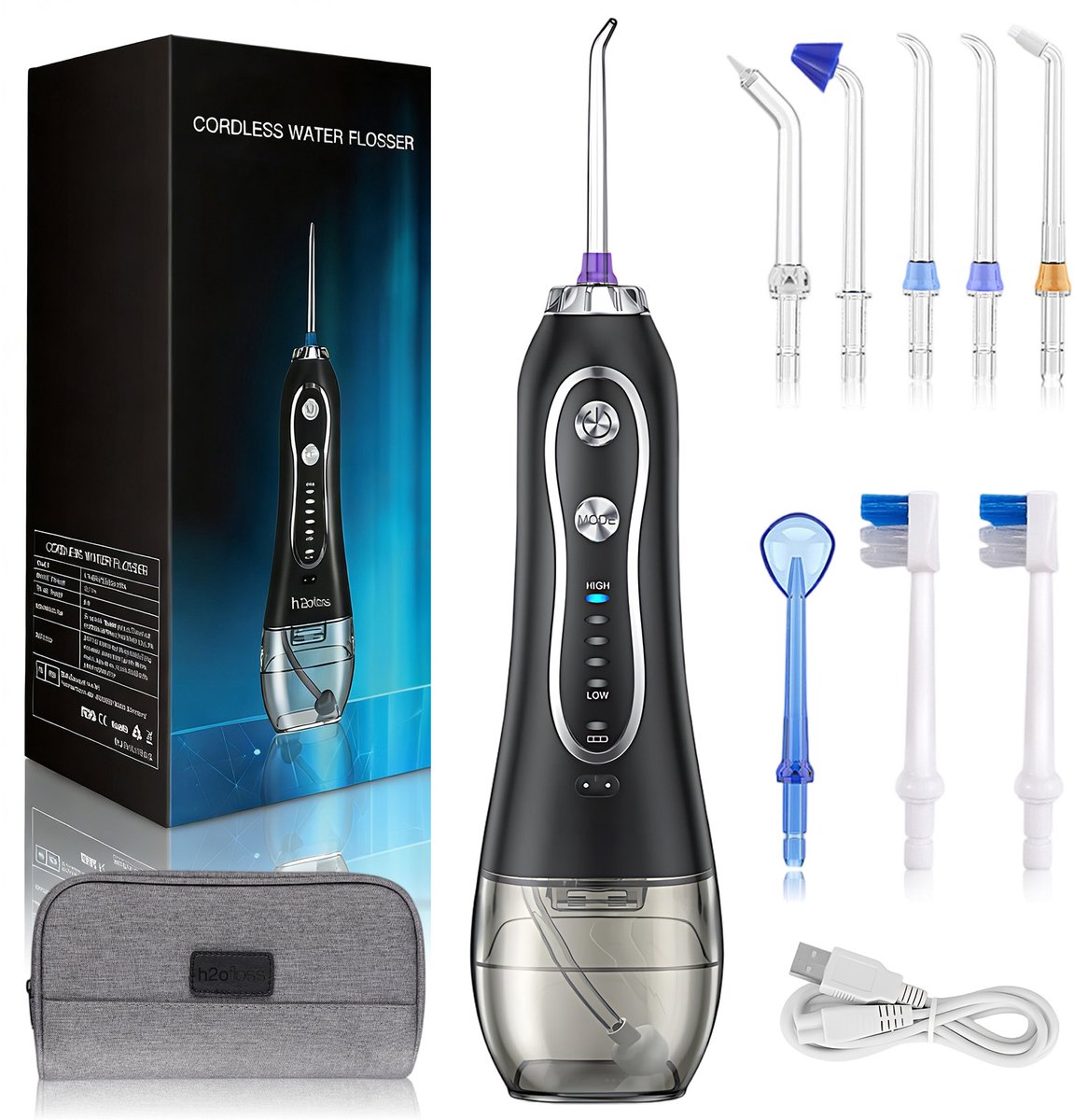 Draagbare Draadloze Waterflosser - Monddouche - 5 Waterdrukstanden van 40–140 PSI - Afneembaar Waterreservoir van 300 ml - 5 Verwisselbare Opzetstukken - 2500 mAh Accu met USB-Opladen - Voor Thuis en Reizen