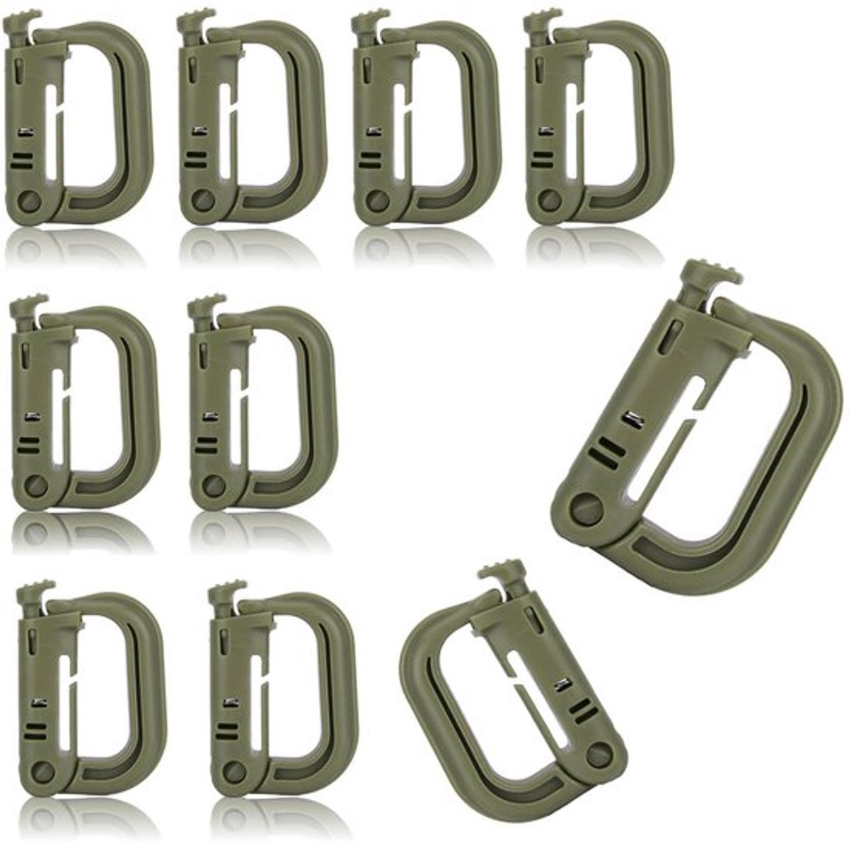 Karabijnhaken D-vorm - Set van 10 stuks - Kunststof - Druktype - Legergroen - Hoog draagvermogen 10 kg - Haakjes