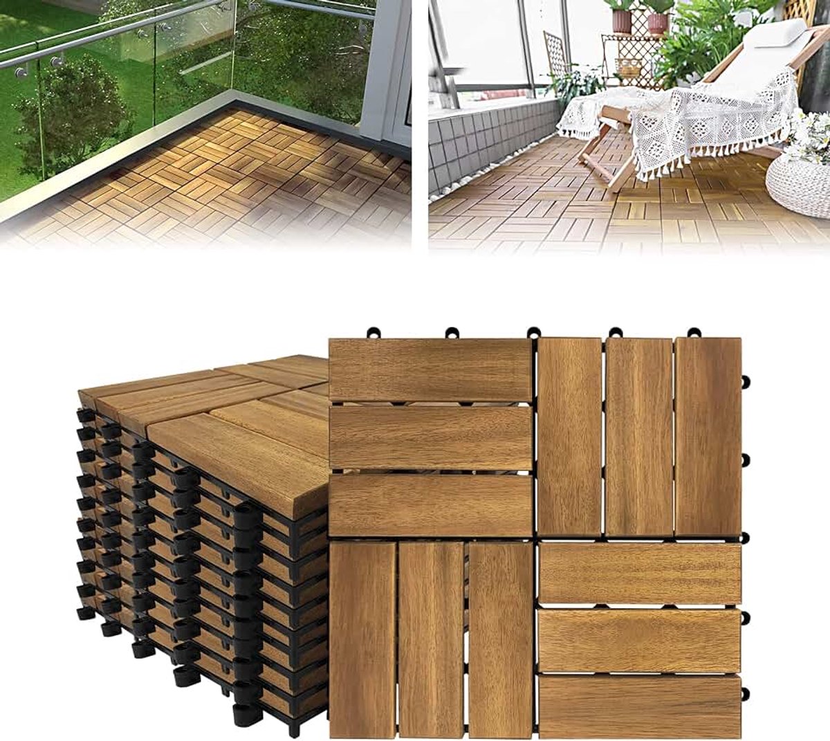 Houten tegels, vloertegels, terrastegels, balkontegels, vloerbedekking met kliksysteem en drainage, acaciahout, deck tegel voor terrassen, balkon, tuin (2 m² (22 stuks), model B)
