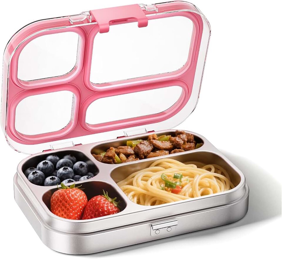 Roestvrijstalen bento-lunchbox voor kinderen, 800 ml, lekvrije 304 roestvrijstalen bentobox met 4 compartimenten, sandwichvriendelijke lade saladeopslagcontainer, vaatwasmachinebestendig