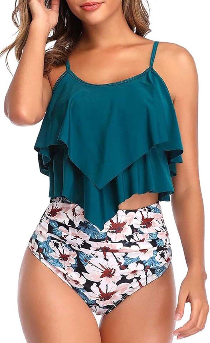 Badpak voor dames, ruches, tweedelige bikini met hoge taille, badmode, volant, bedrukt badpak