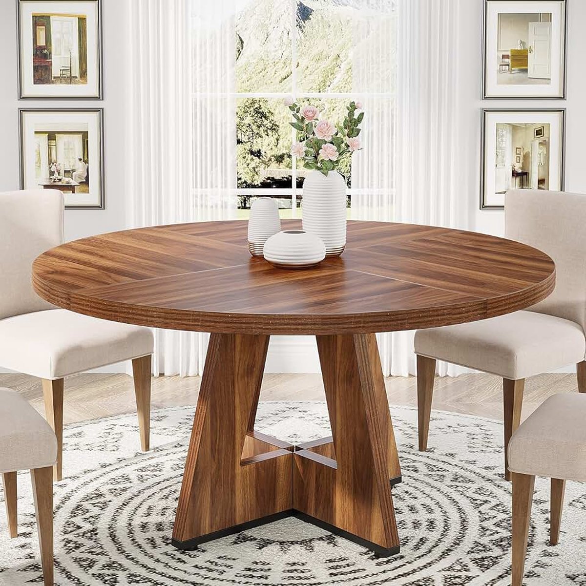 Ronde Eettafel 120 cm, Keukentafel Esthetiek voor 4 Personen, Rustiek Bruin Houten Bovenkant en Poten, Eetkamer & Keukentafel (Kleur)