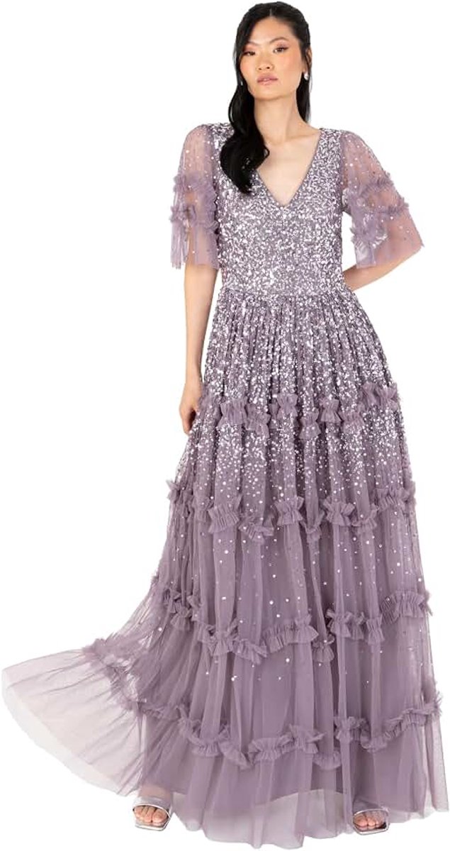 Deluxe Maxi-jurk voor dames, V-hals, pailletten, versierd met ruches voor bruiloft, gast, bruidsmeisje, gala, gelegenheid baljurk, Moody Lila, 42