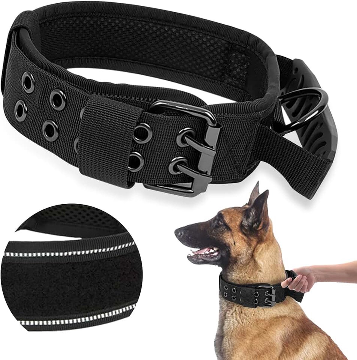 Hondenhalsband, militaire nylon hondenhalsband met handgreep en zwaar belastbare metalen gesp, reflecterende, verstelbare gewatteerde trainingshondhalsband voor middelgrote en grote