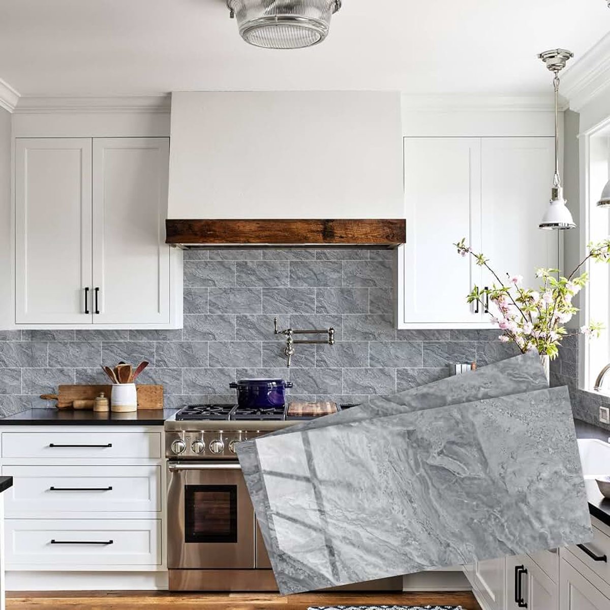 Zelfklevende spatwand voor keuken, marmer, grijs, waterdicht, pvc, zelfklevende wandtegels, badkamer, 24 stuks, tegelstickers, keuken, voor wandkamer, 15 x 30 cm