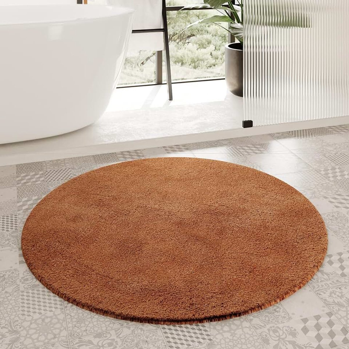 Living Porto Azzurro Badmat, behaaglijke pluizige zachte pool, antislip en wasbaar, 90 cm rond, terracotta bruin