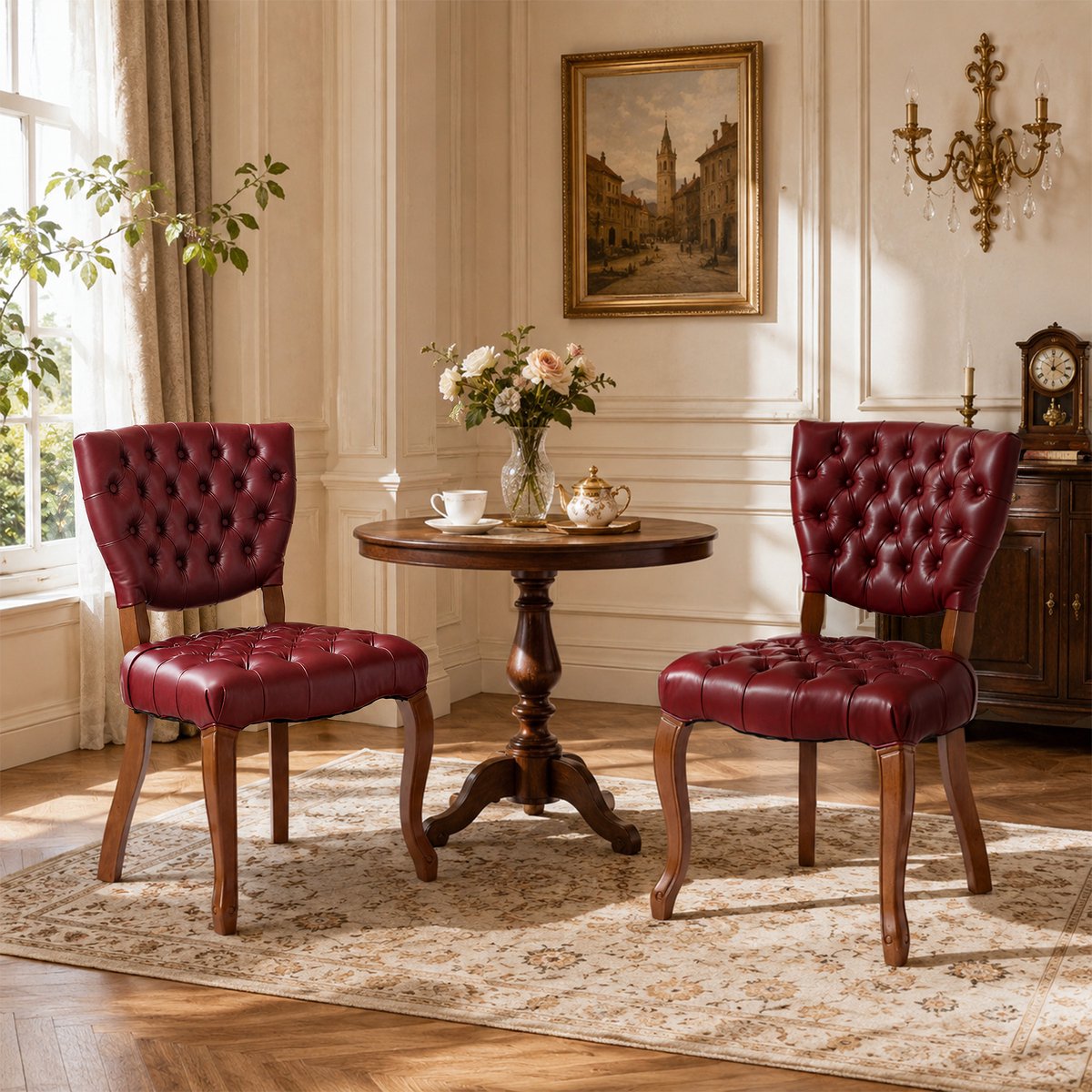 HomeMiYN Eetkamerstoelen Set van 2 – Vintage Stoelen met PU Leer, Gecapitonneerde Rugleuning, Gestoffeerde Stoelen met Massief Houten Poten voor Woonkamer en Eetkamer