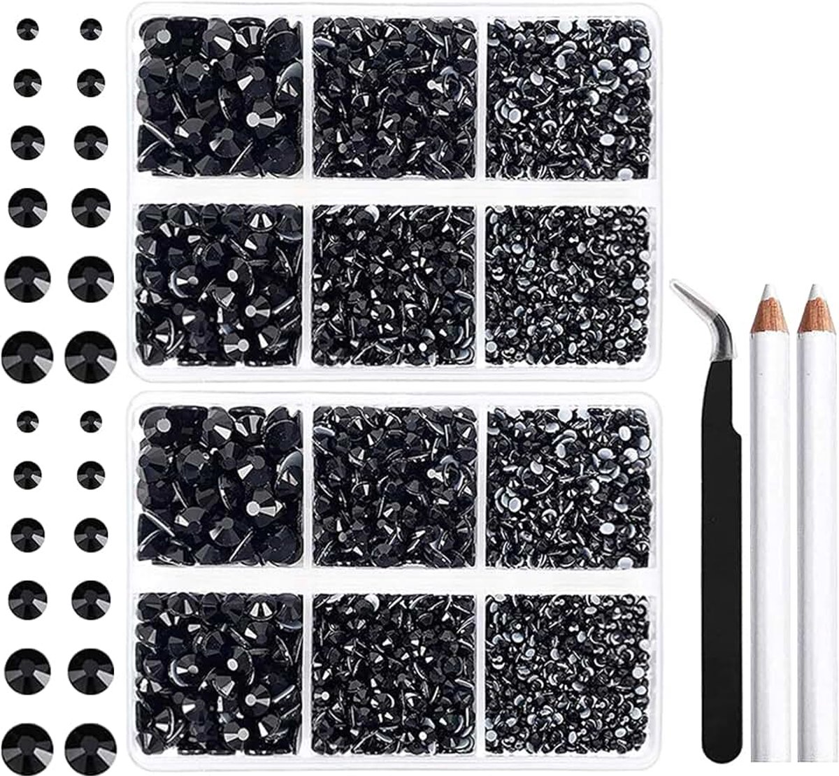 Hotfix Strass-steentjes, zwarte kristallen strassteentjes, hotfix, kristalronde edelstenen met waspotlood en pincet, strasssteentjes voor kunsthandwerk, kleding, doe-het-zelf decoratie