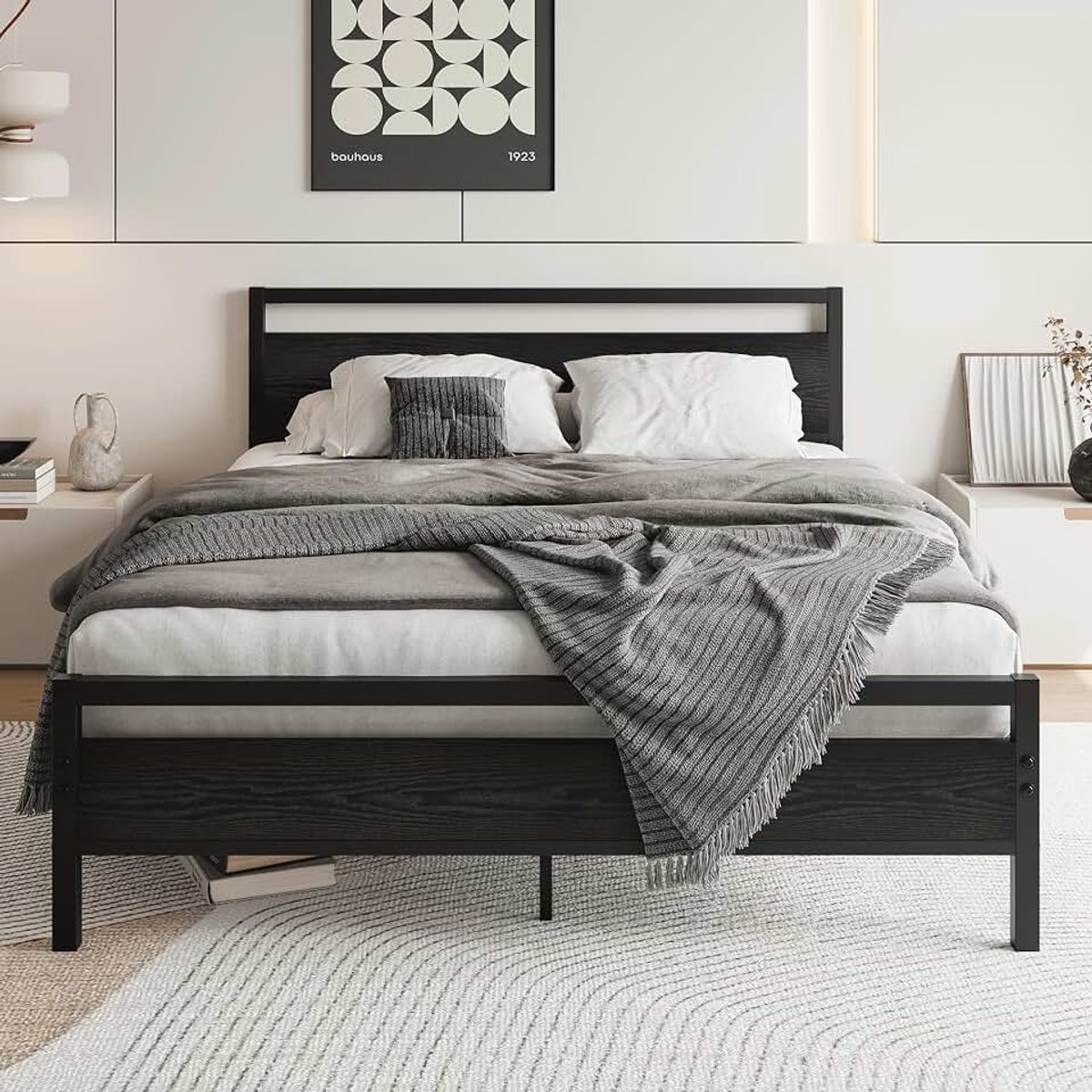 Bedframe 140 x 200 cm, tweepersoonsbed, metalen bed, 140 x 200 cm, met lattenbodem van metaal en hout, hoofdeinde, logeerbed, tienerbed, voor slaapkamer, logeerkamer, bedframe, zwart