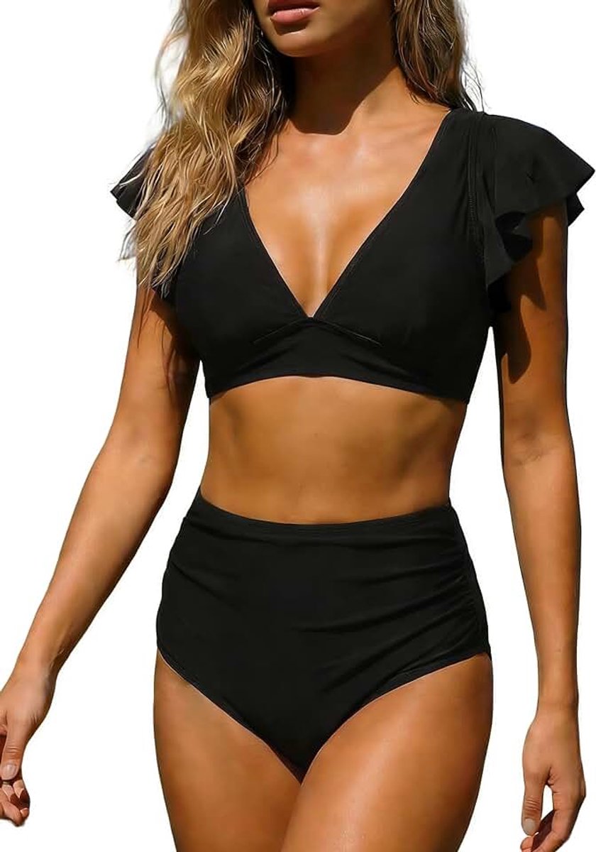 Badpak voor dames tweedelig bikiniset V-hals met ruches hoge taille vormend badpak