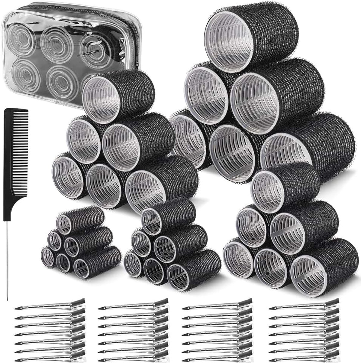 Krulspeldenset, 5 maten (60/48/40/30/20 mm) haarkrulspelden groot met 28 roestvrijstalen klemmen, krullen zonder hitte voor lang, medium en kort haar (zwart)