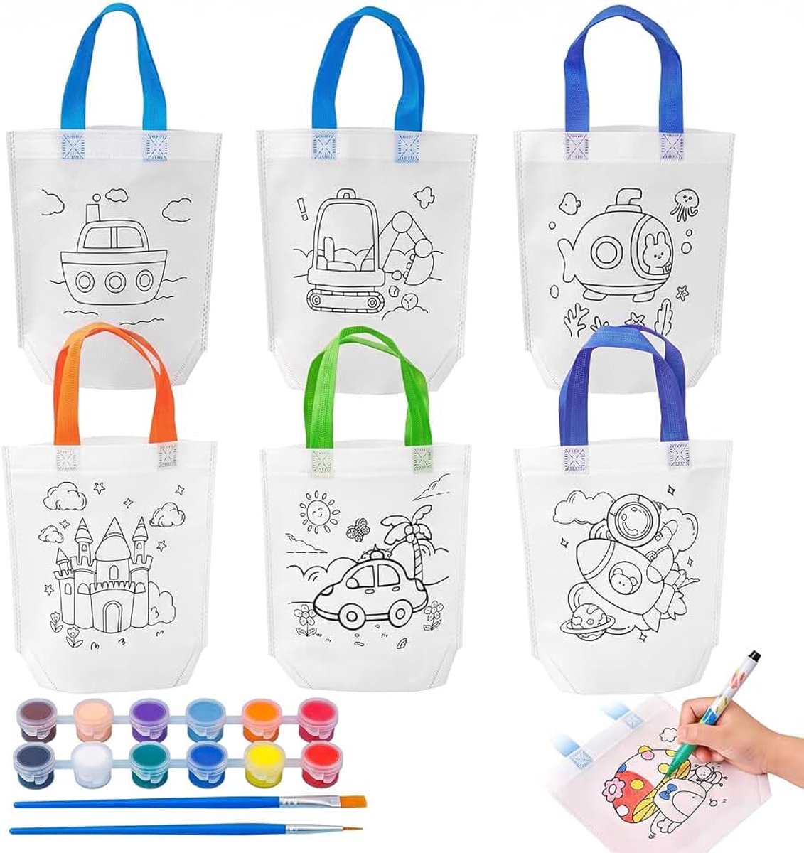 6 stuks stoffen zakjes om te beschilderen voor kinderen, met 12 kleuren en penselen, doe-het-zelf stoffen zakjes om te beschilderen, ideaal voor tassen, beschilderen, kinderverjaardag, gastgeschenk en