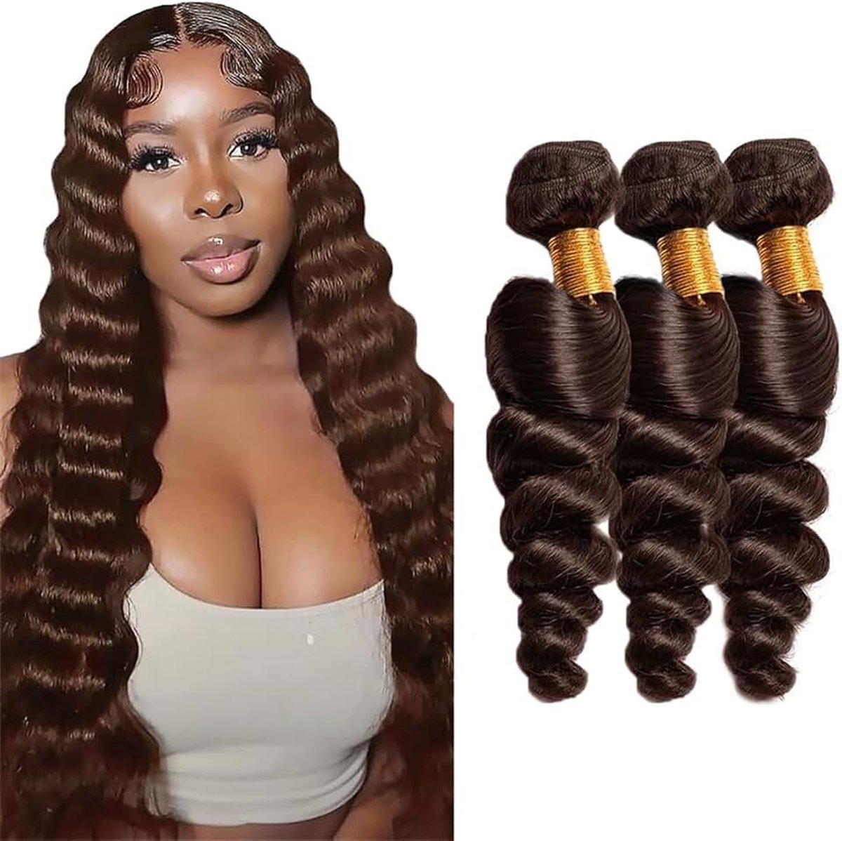 Deep Wave Human Hair Bundles 3 Extension 50g/Per Machine Double Wefts Unprocessed Remy Weave Chocolate Brown Color for Woman 22 24 26 Inch