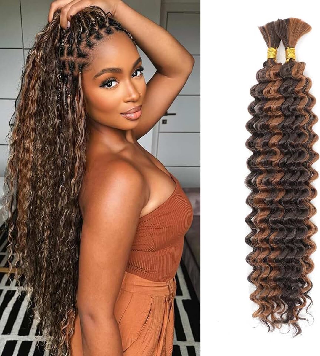 Wave Bulk Hair voor vlechten, 45 cm, geen weft, krullend, haarextensions voor boho- en golvend, 2 vlechten per verpakking (P4/30#, 1 stuk)