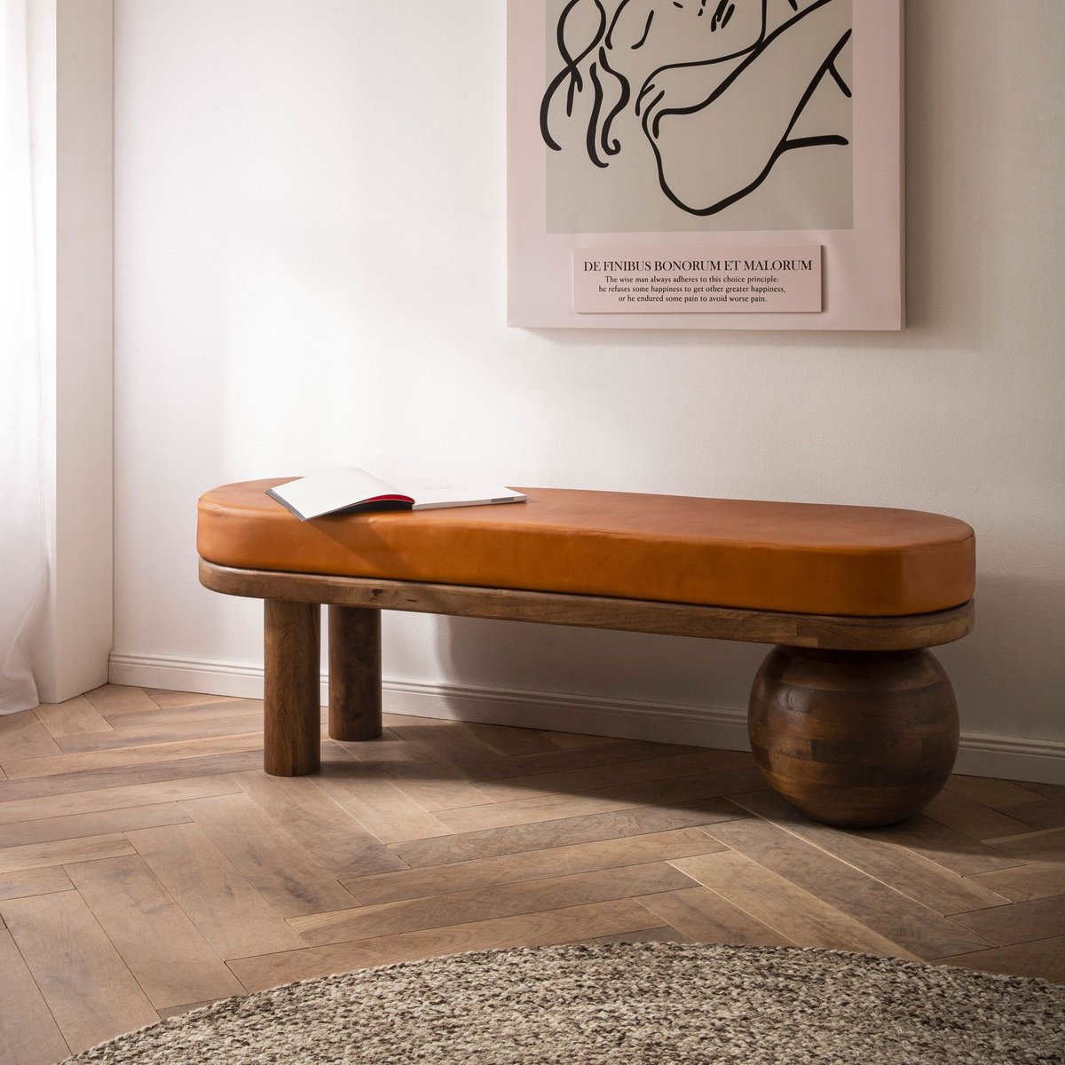 Bank Geitenleer Mango Massief Houten Bank 140x47x40 cm Modern, Hal Gestoffeerde Bank Ongewoon, Gestoffeerde Leren Bank Bruin, Kleine Bedbank Halbank