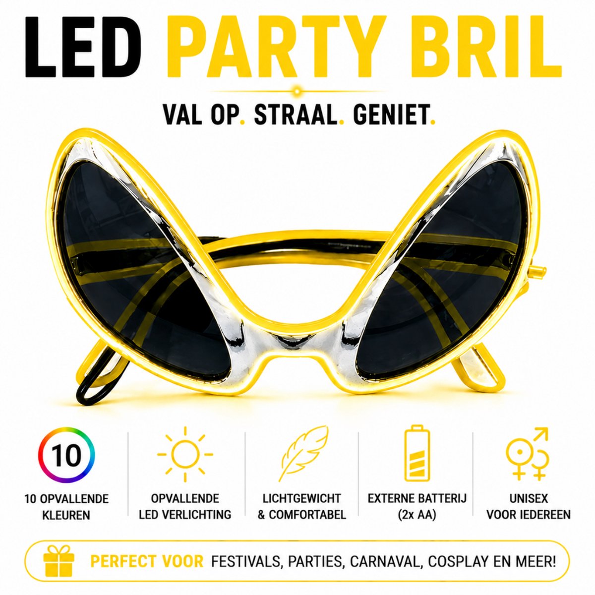 GlowAlien LED Bril – Festival & Party Bril – Koningsdag & Carnaval – Geel Licht – 3 Lichtmodi