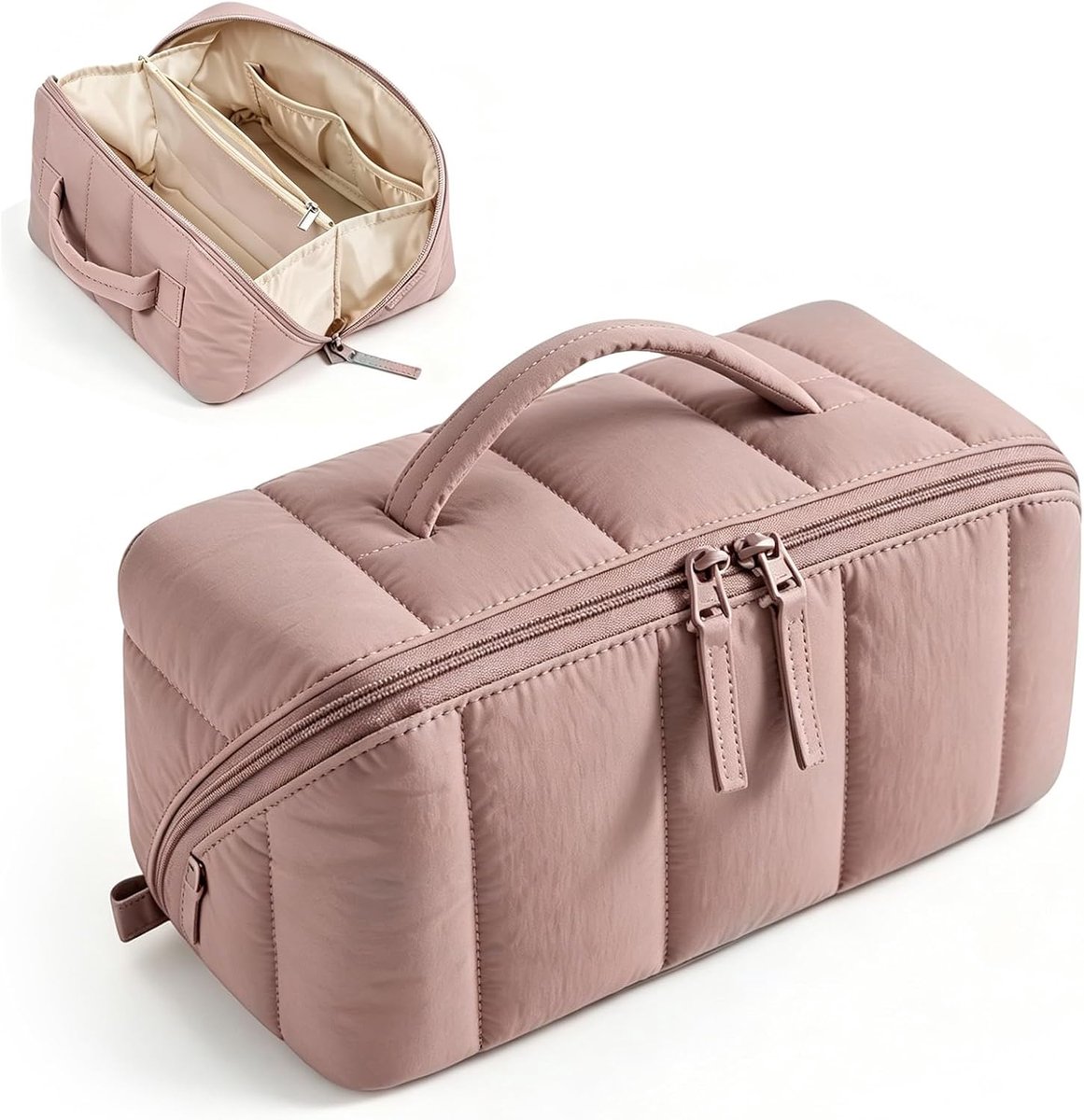Make-uptas voor dames, grote capaciteit, cosmeticatas, draagbaar, reizen, waterdichte PU-lederen of cosmeticatas, open, platte toilettas voor toiletartikelen, kwasten, roze, Klassiek