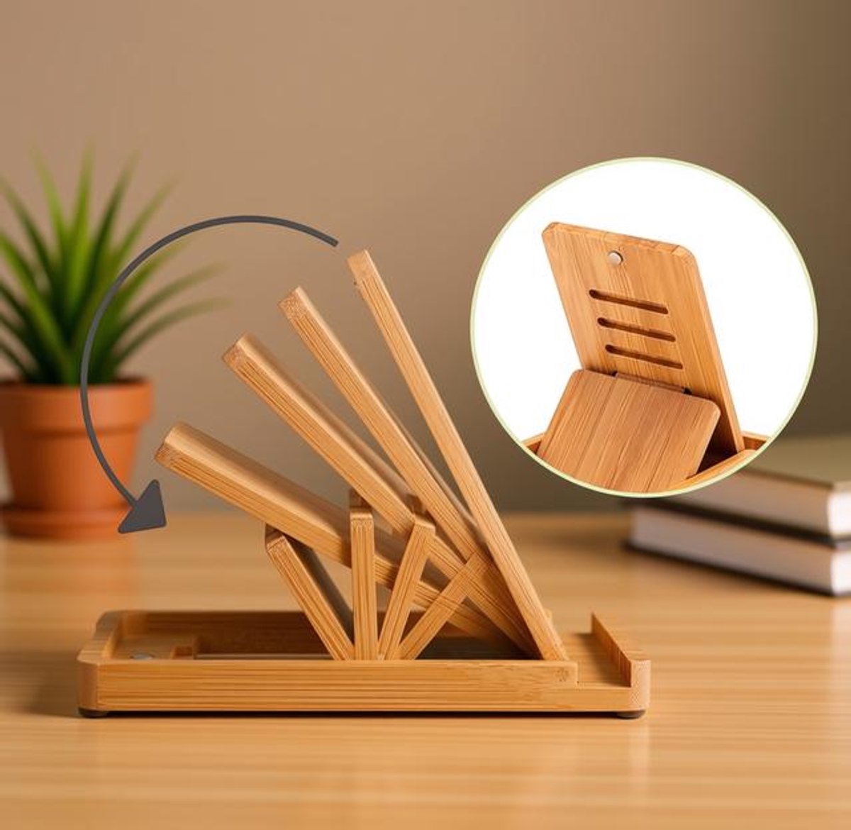 Huis Geluk Telefoonhouder Bamboe - Opvouwbare Telefoonstandaard voor Bureau, Kantoor en Thuis, Compatibel met iPhone en Android