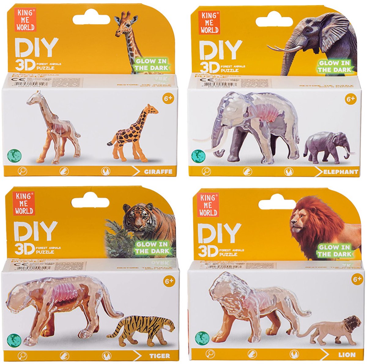 PIA Soft Toys - Speelfiguren - Wilde dieren 3D anatomie glow-in-the-dark 4 ass. 6-10 cm
