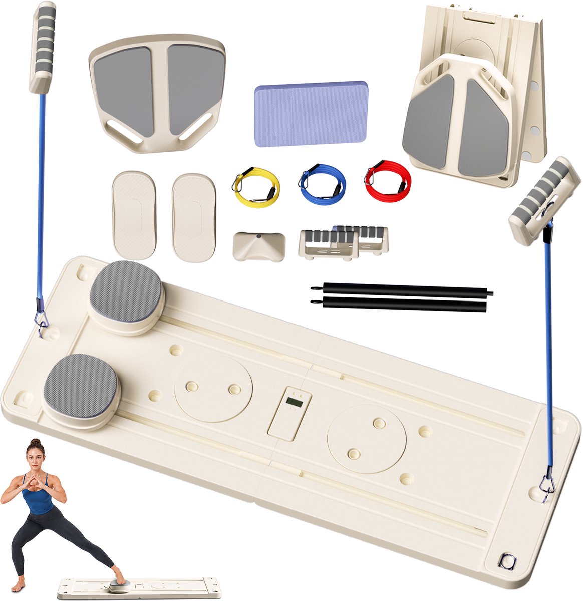 PULSE360 Pilates Reformer Set - 12-in-1 - Inklapbaar Pilates Board - verstelbare weerstand - 20+ accessoires - Max 250kg - Buikspiertrainer - Thuis training - Wit