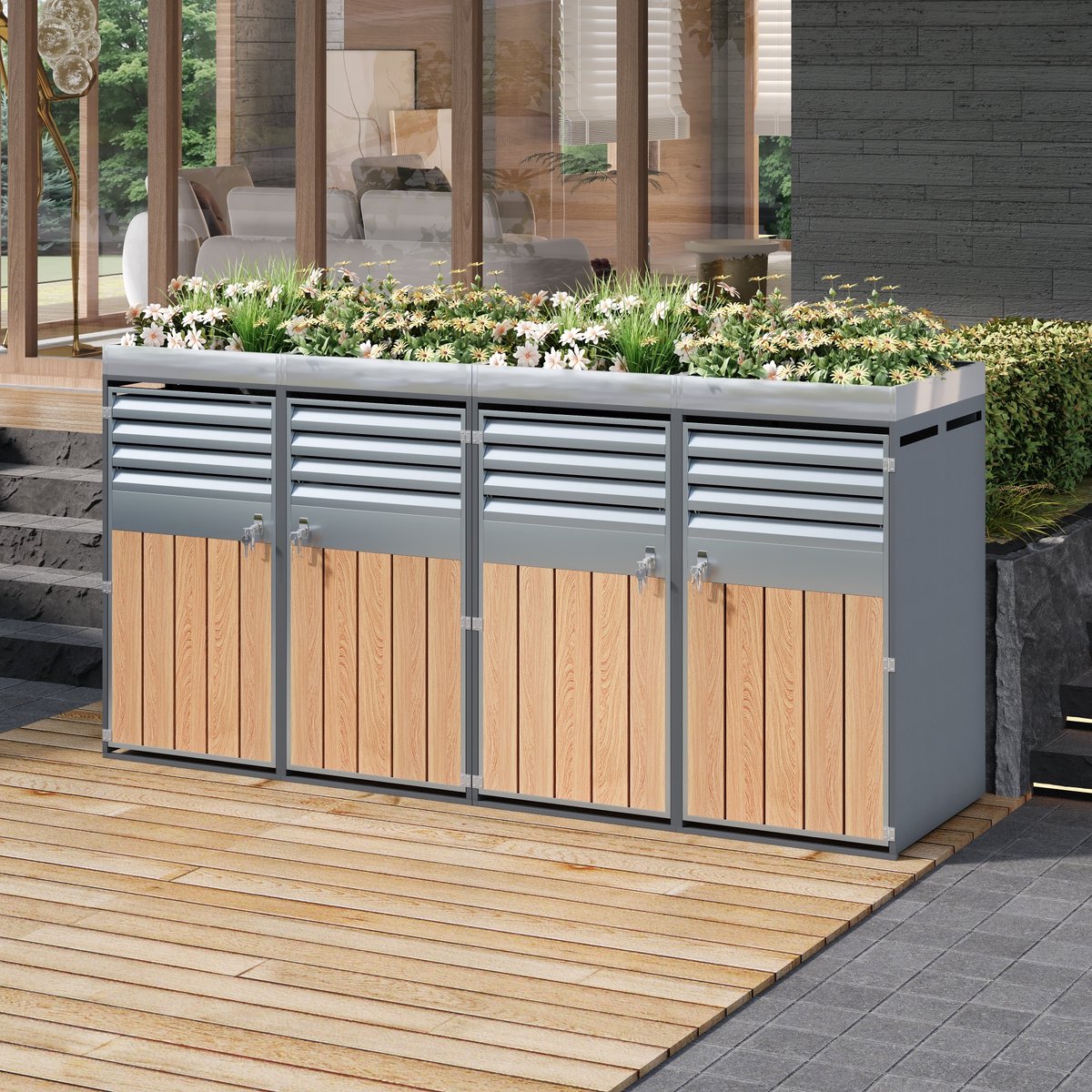 Desmiudesmiu Mülltonnenbox Met Pflanzbak – Vier Deuren En Ventilatiesleuven – 132 x 80 x 124,5 cm – Verzinkt Staal – Grijs Houtlook – Buiten Opbergen En Tuin