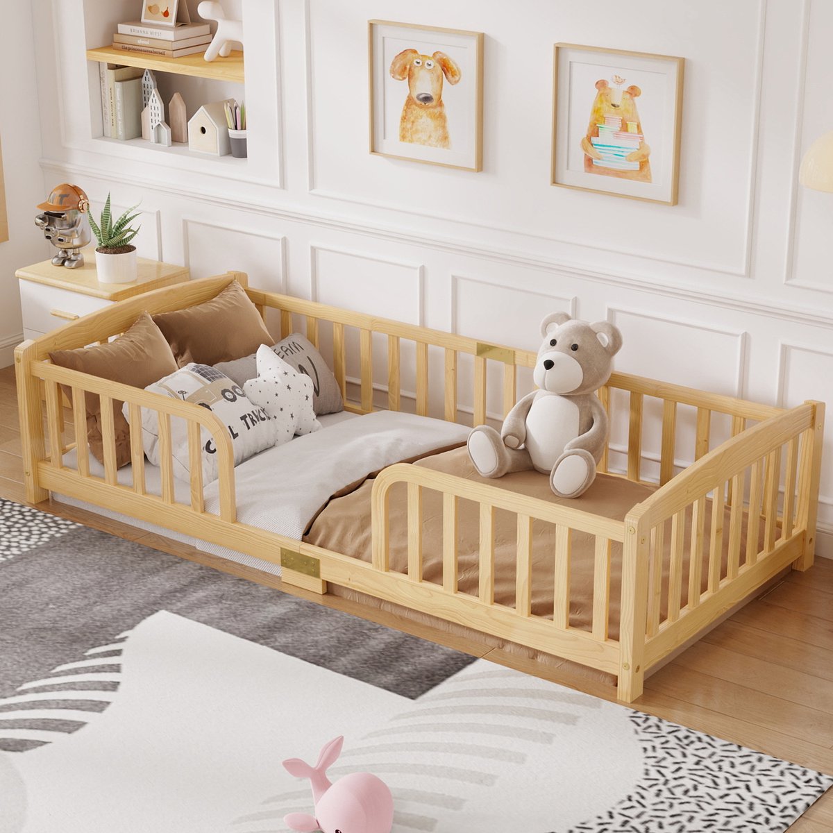 Montessori Bed - Vloerbed 90x200 - Kinderbed Hout - Peuterbed Met Hekje - Uitvalbeveiliging - Middeningang - Kinderkamer - 90x200cm - Natuurhout