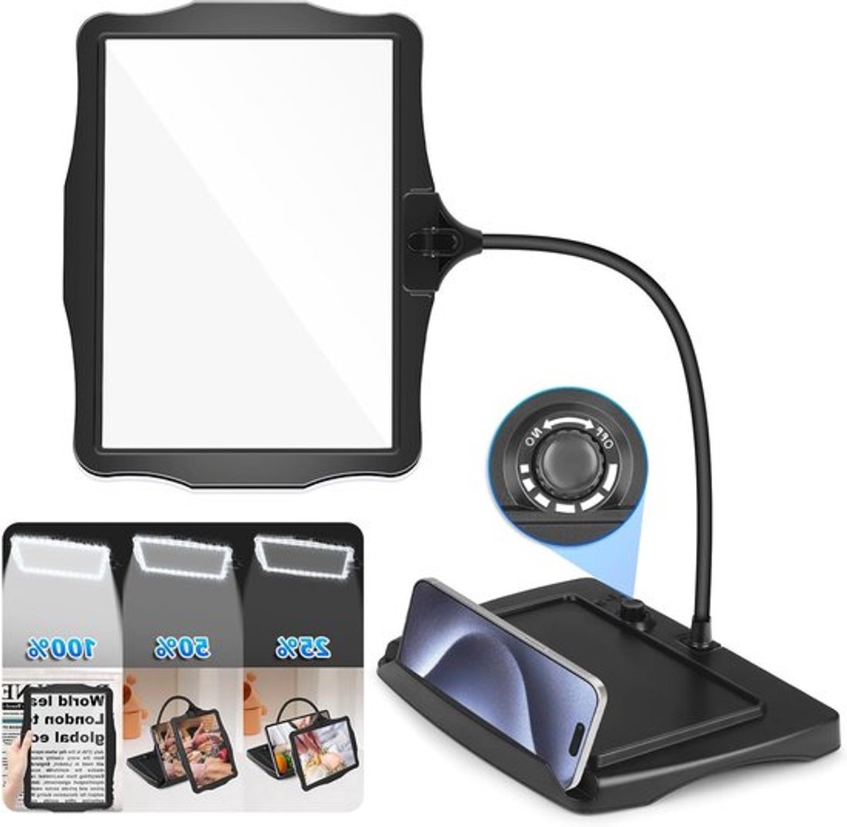 Grote Oplaadbare Vergrootglas met Licht en Stand, Flexibele 50 LED Gooseneck Lamp voor Lezen, Handwerken en Schilderen, 28 cm Pagina Vergrootglas