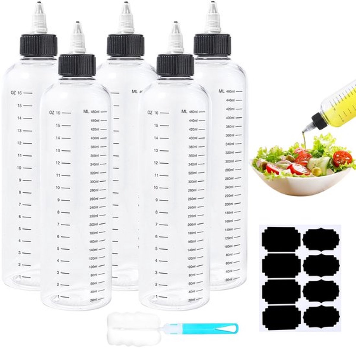 Knijpfles 500ml - 5 Stuks - Plastic - Met Nozzle - Met Schaalverdeling - Inclusief Schoonmaakborstel - Perfect voor Sauzen - Sauzenfles