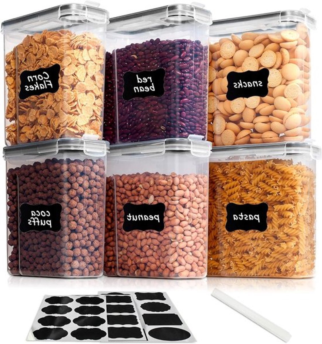Set van 6 2.5L Graanopslagcontainers van Plastic, BPA-vrij voor Keuken en Pantry, Inclusief 24 Labels voor Gemakkelijk Organiseren