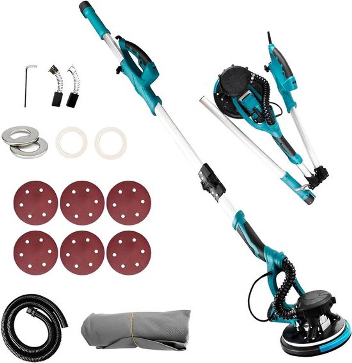 850W droogbouwslijper met automatisch vacuümsysteem - 5 versnellingen - 800-1800 tpm - 215 mm schuurschijf - opvouwbare handgreep - ledlicht - opbergtas