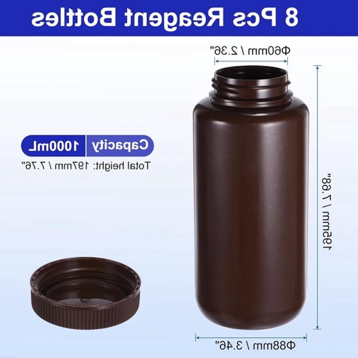 8 Stuks 1000ml Reagentflessen, PE Brede Mond Ronde Flessen met Schroefdop voor Laboratorium, Water, Reagentia en Vaste Monsters Opslag, Amberkleurig