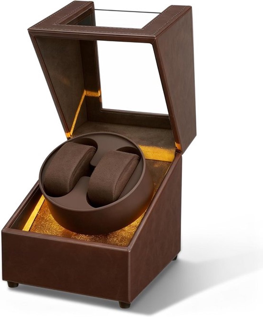 Dubbele LED Horloge Winder met Twee Posities en Twee Richtingen, Automatische Horloge Opslag, Bruin