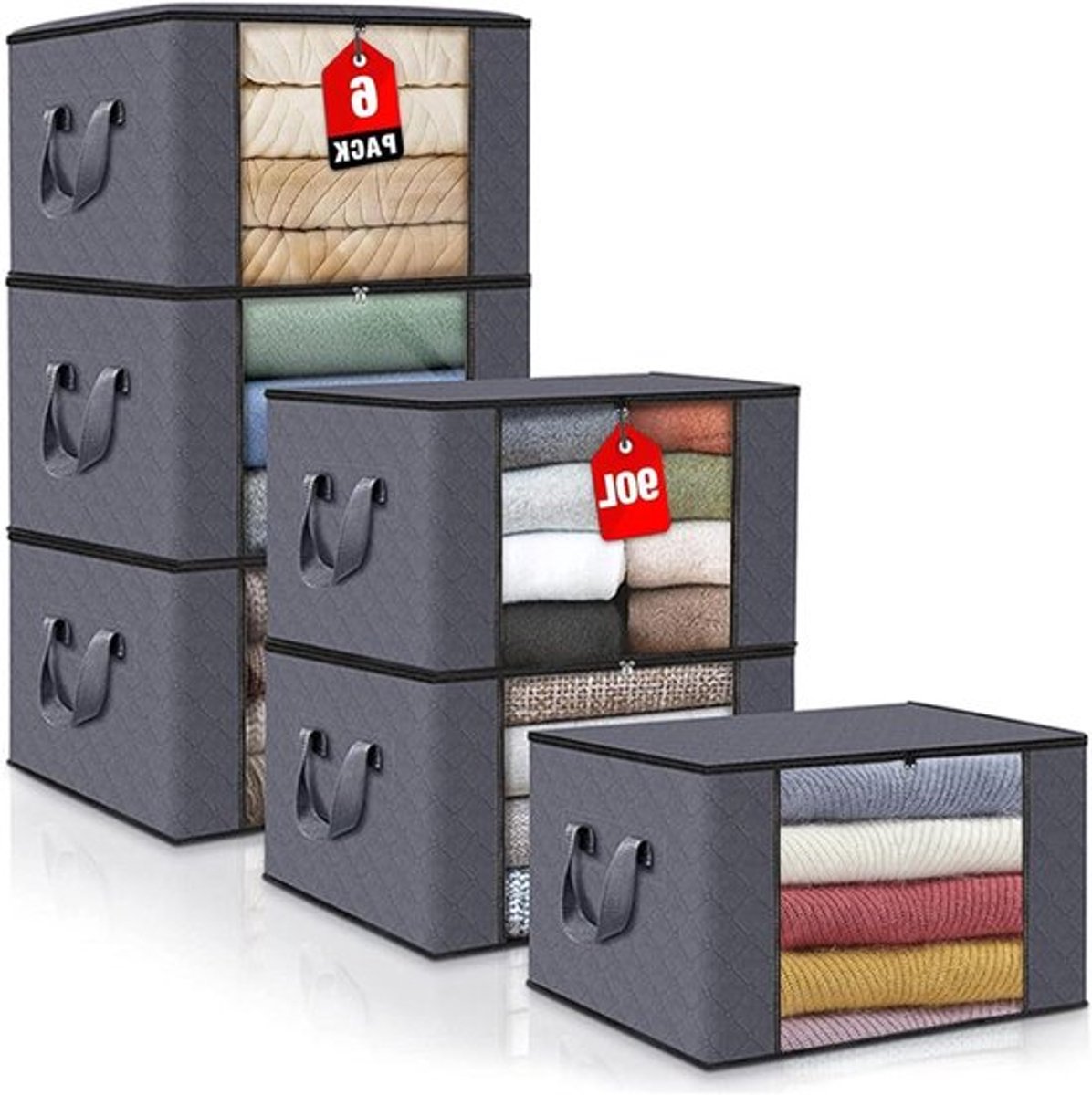 Set van 6 Vouwbare Kledingopbergzakken met Stevige Handvatten, Opbergdozen met Rits en Dekkend Venster, Ideaal voor Verhuizen, Inpakken en Speelgoedopslag