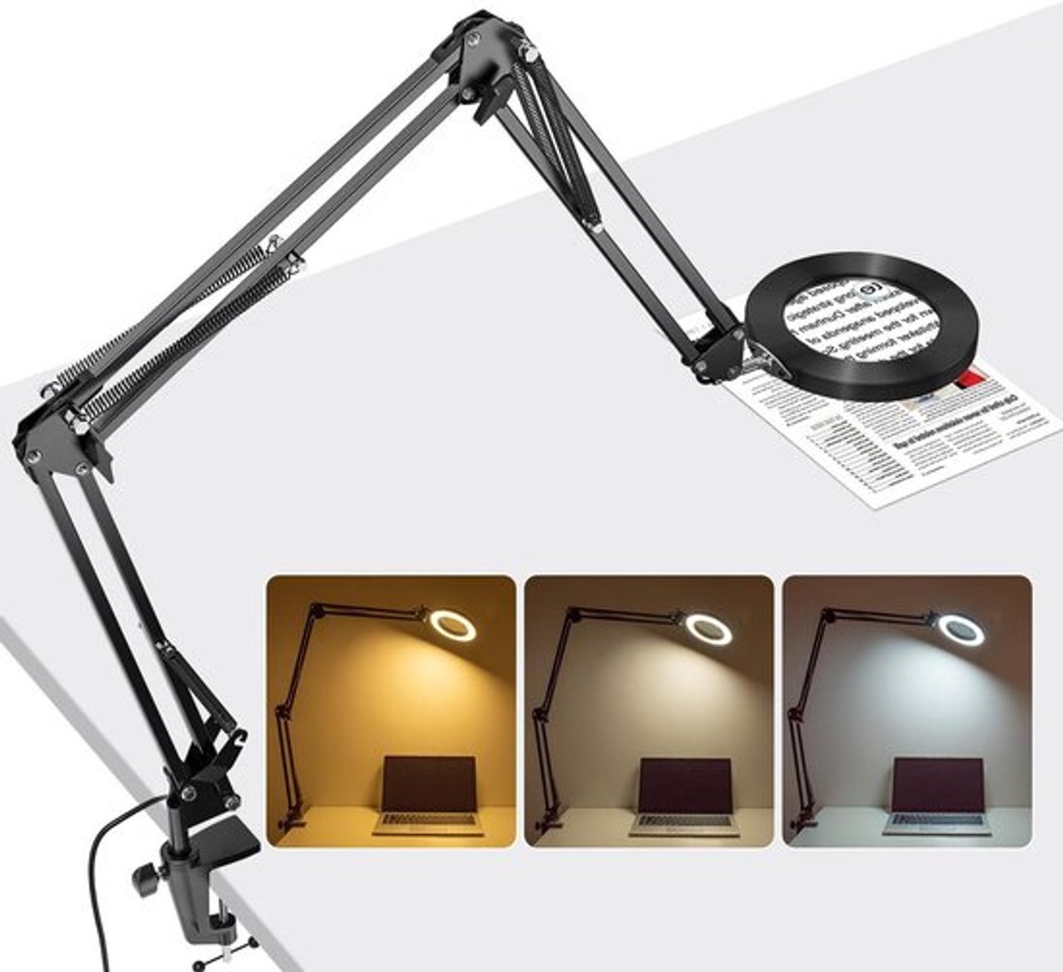 Vergrootlamp met klem en 3 zwenkarm - Dimbare bureaulamp voor hobby en werkplek met 3 kleurmodi - LED-vergrootlamp voor knutselen en lezen, 10 x 15 cm.