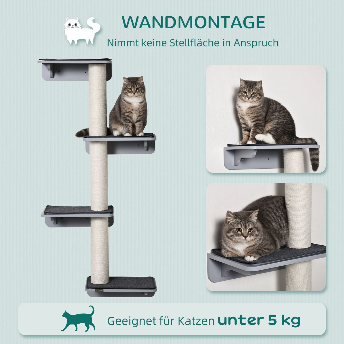 DESMIU Krabmeubel – Wandmontage Met 4 Niveaus – 66 x 28 x 137 cm – MDF, Sisal en Stof – Lichtgrijs – Voor Klimmen, Krabben en Rusten