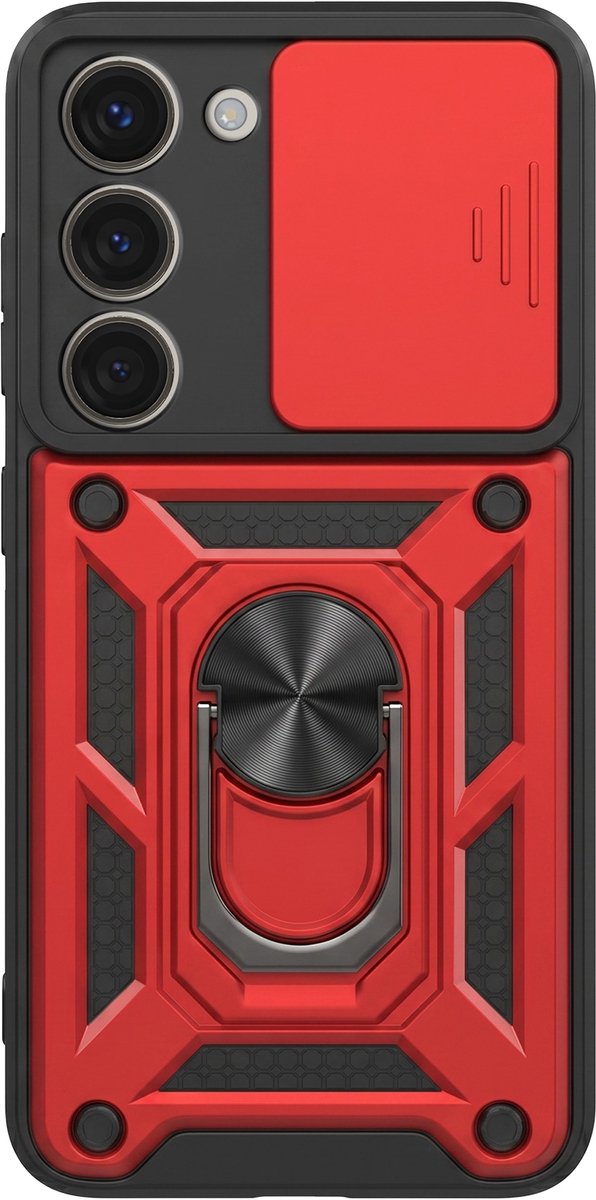 Mayaxess, Hoesje geschikt voor Galaxy S23 met Schuifbare Camerabescherming en Magnetische Ring, Rood