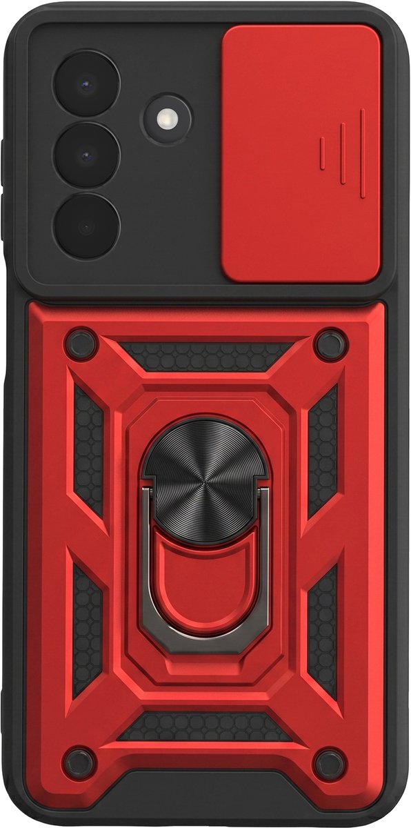 Mayaxess, Hoesje met Ring Geschikt voor Samsung Galaxy A27 Schuifbare Cameraschuif en Magneet, Rood / Zwart